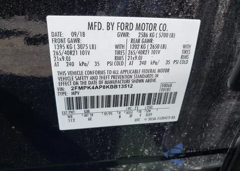 2019 Ford Edge St из США, поврежденный, VIN 2FMPK4AP8KBB13512